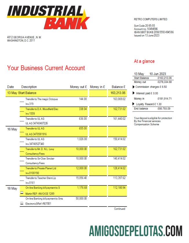 Baixável Industrial Bank Firm modelo de extrato de conta Word e PDF